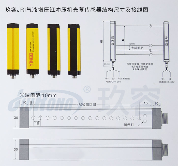 玖容JRI氣液增壓缸沖壓機光幕傳感器結構尺寸及接線圖
